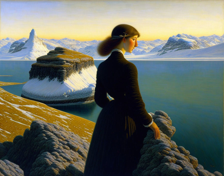 Woman in Black Dress Contemplates Sea and Mountains on Rocky Shore