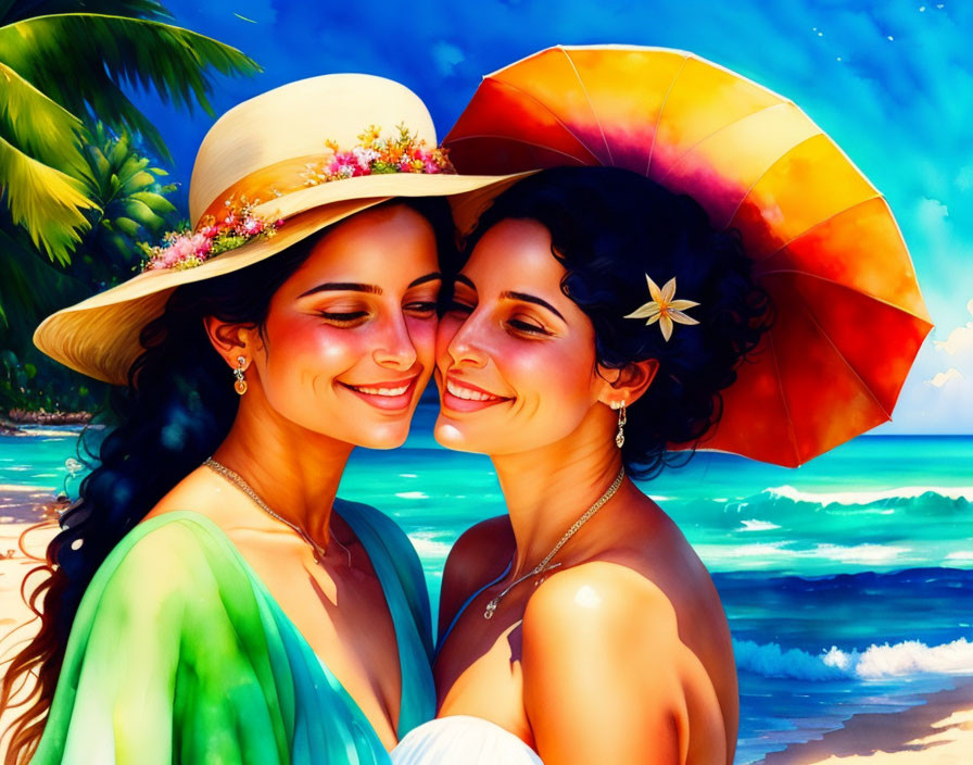 Smiling women with colorful umbrella on sunny beach