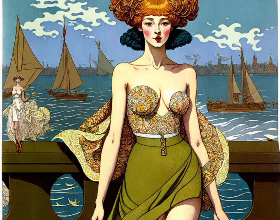 Illustration of woman with red hair by the sea with sailboats