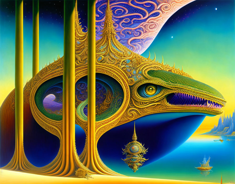 Colorful stylized dragon with intricate patterns in surreal cosmic setting