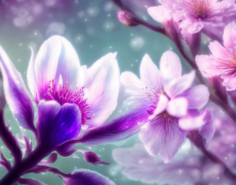 Soft-focus pink flowers with glowing bokeh lights and intricate petal details