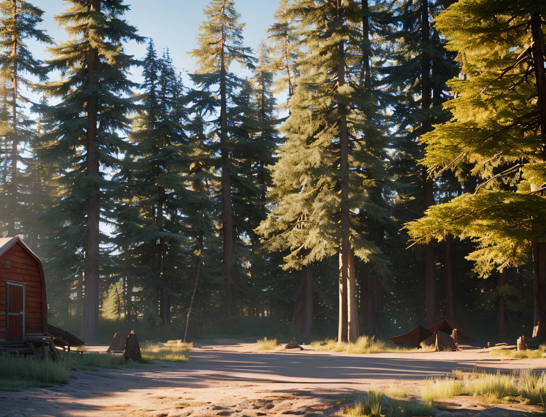 Tranquil forest scene with towering pine trees, warm sunrise, cabin, and pitched tent.