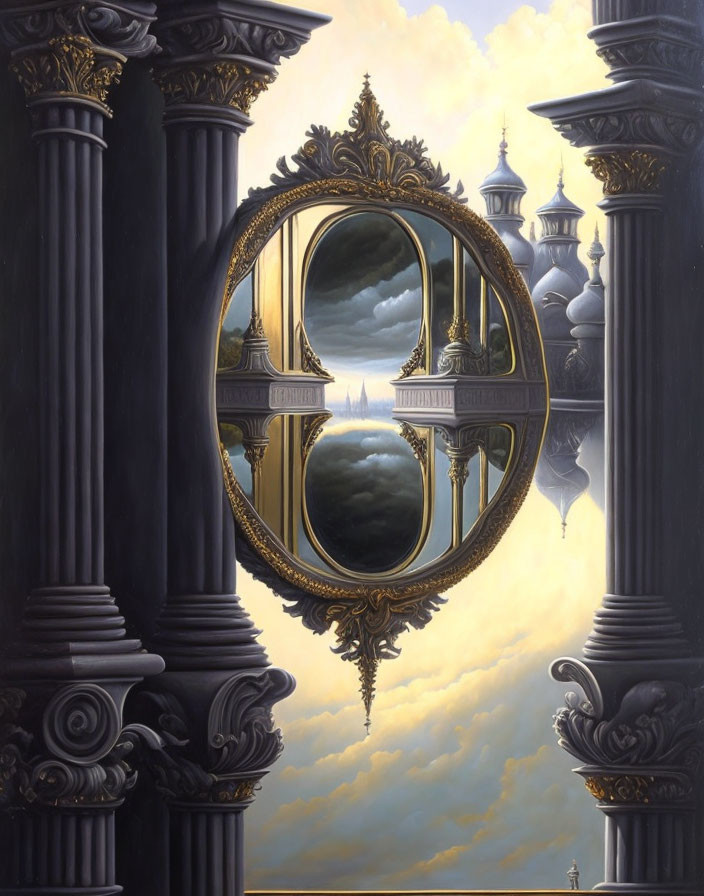 Surreal painting with circular mirrors and fantastical sky