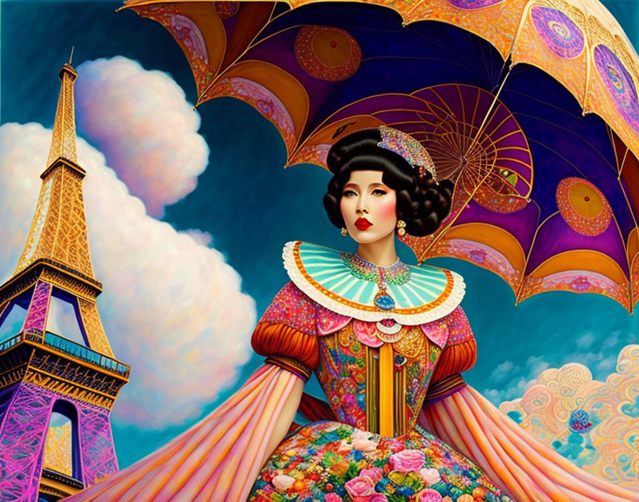 Colorful Woman in Floral Dress with Umbrella and Eiffel Tower Background