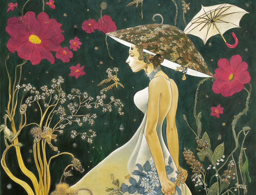 Profile of woman in white dress with lace parasol among vibrant flora under starry sky