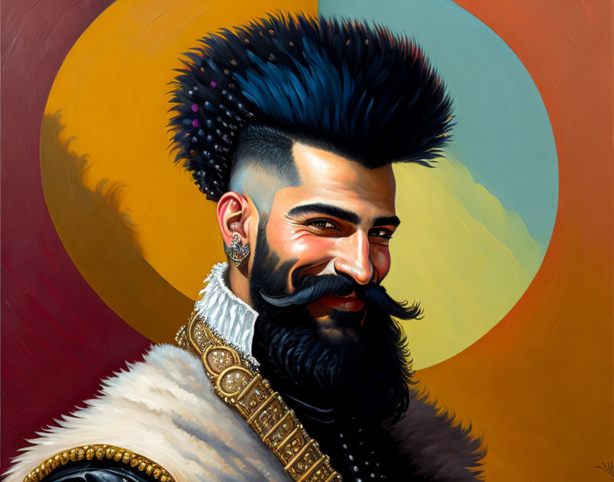 Stylized portrait of a man with mohawk, beard, regal attire