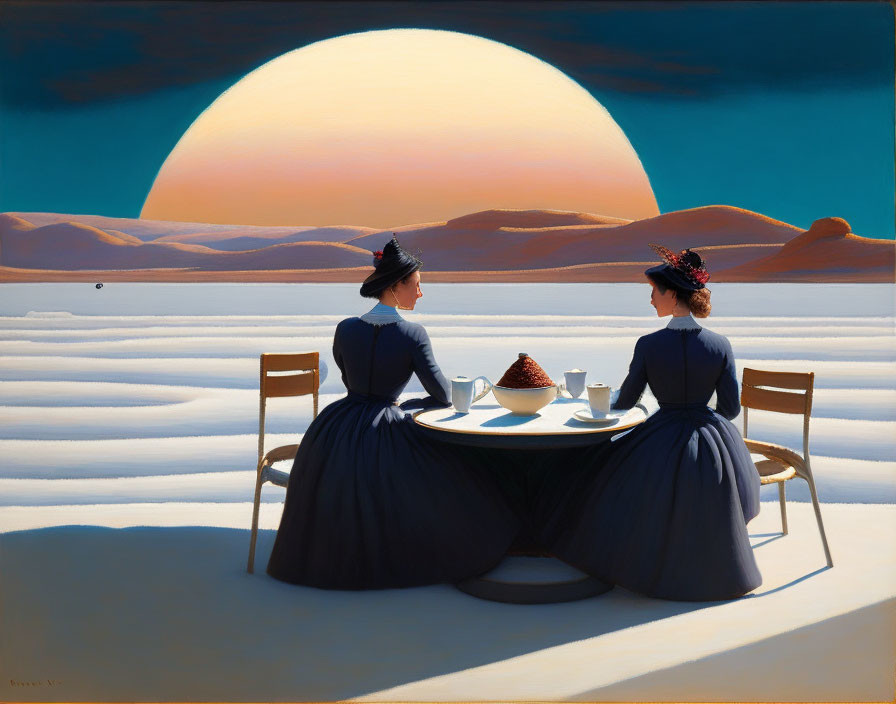 Two women in elegant attire in surreal desert scene with large sun/moon.