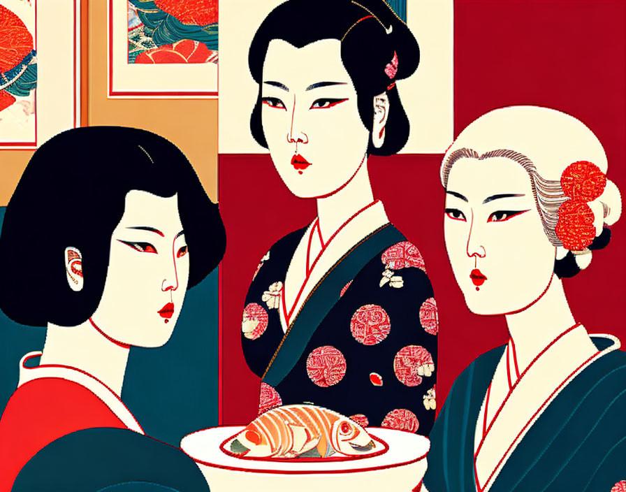 Stylized geisha figures in traditional attire with fish bowl on vibrant red and blue background