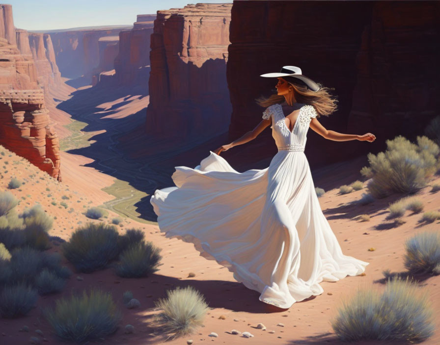 Woman in flowing white dress near canyon edge exudes freedom and elegance