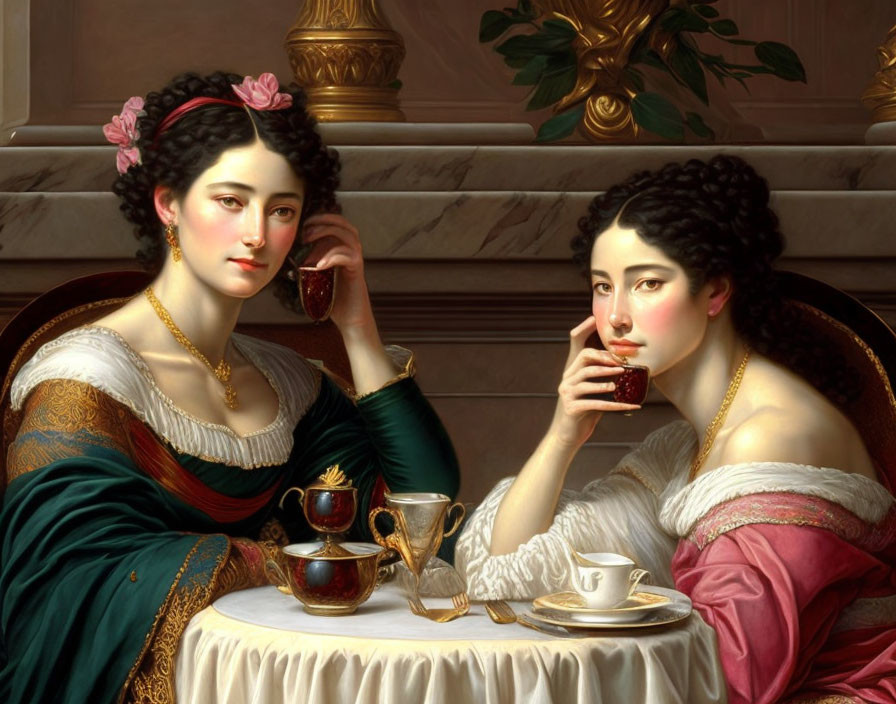 Classical oil painting of two women in elegant attire with cup and plant.