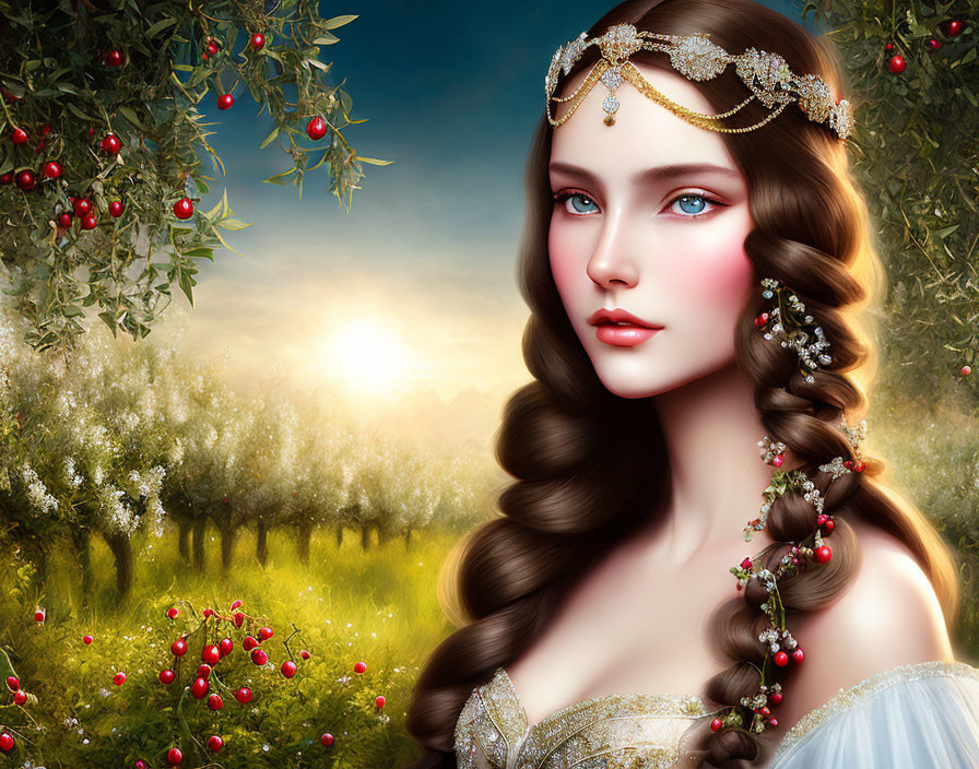 Digital artwork: Woman with intricate braided hair, red berries, and jeweled headpiece in mystical