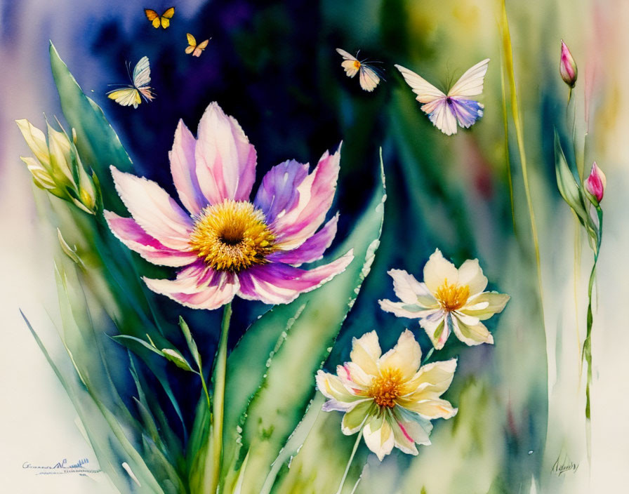 Colorful flowers and butterflies in watercolor art