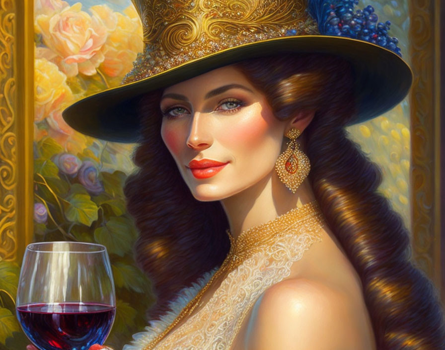 Elegant lady in wide-brimmed hat with red wine and roses.