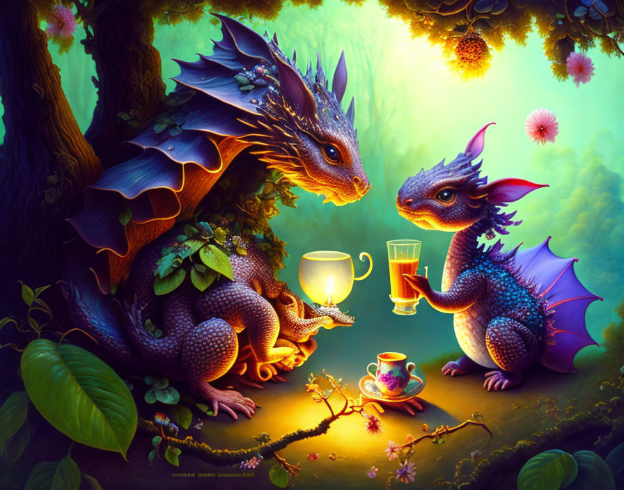 Vibrant dragon tea party under glowing enchanted tree