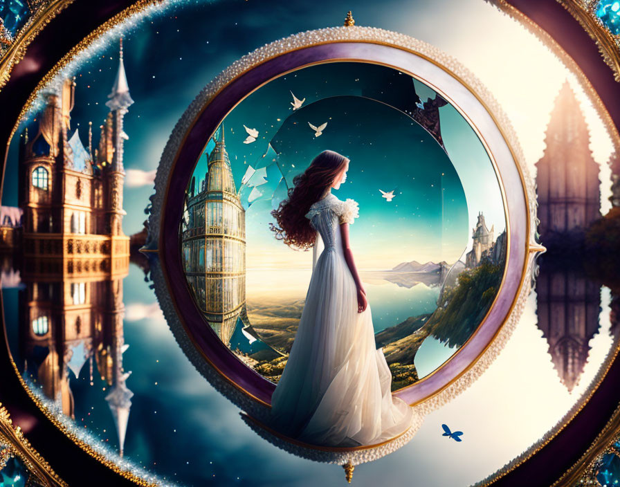 Woman in white dress gazes through fantasy portal at magical landscape