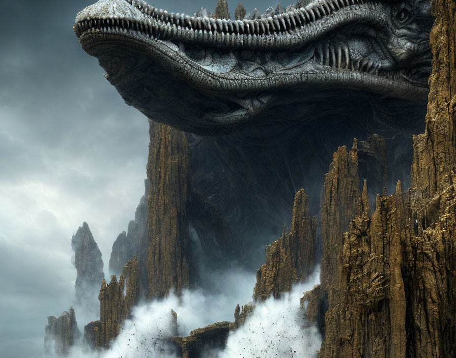 Serpentine dragon emerging from cliffs in swirling mists