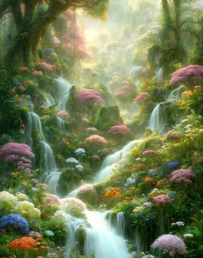 Enchanting forest scene with vibrant flowers and waterfalls