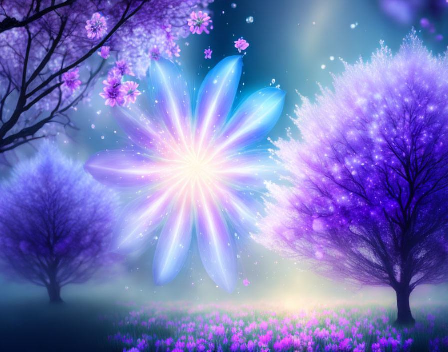 Glowing flower in purple landscape with cherry blossoms and starry sky