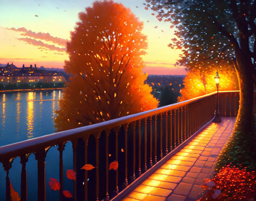 Vibrant autumn riverside scene with orange trees and street lamp