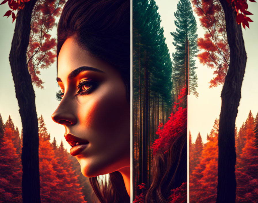 Split-image blending profile view of woman with autumn forest scenery in vivid reds and warm tones