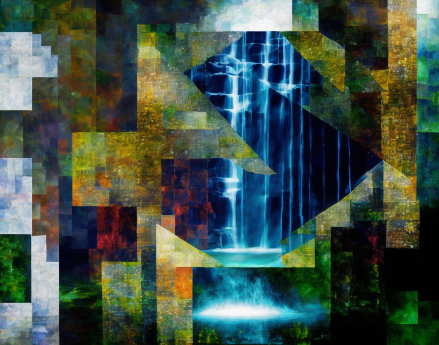 Abstract digital art: Central waterfall motif in geometric shapes, vibrant blues and greens on golden-black backdrop