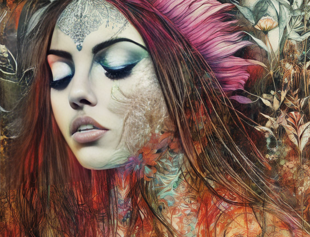 Colorful portrait of a woman with striking makeup and vibrant hair against botanical backdrop