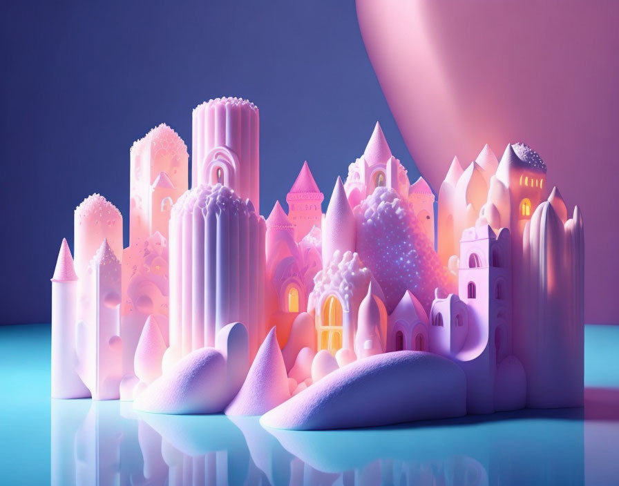 Whimsical pastel-colored digital artwork of fantastical cityscape