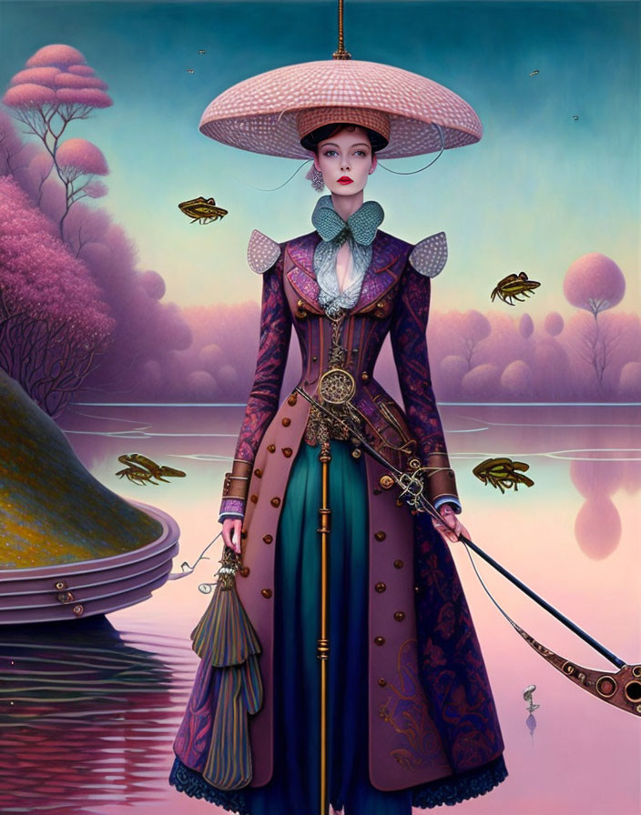 Surreal portrait of woman in Victorian outfit by pink water with flying fish