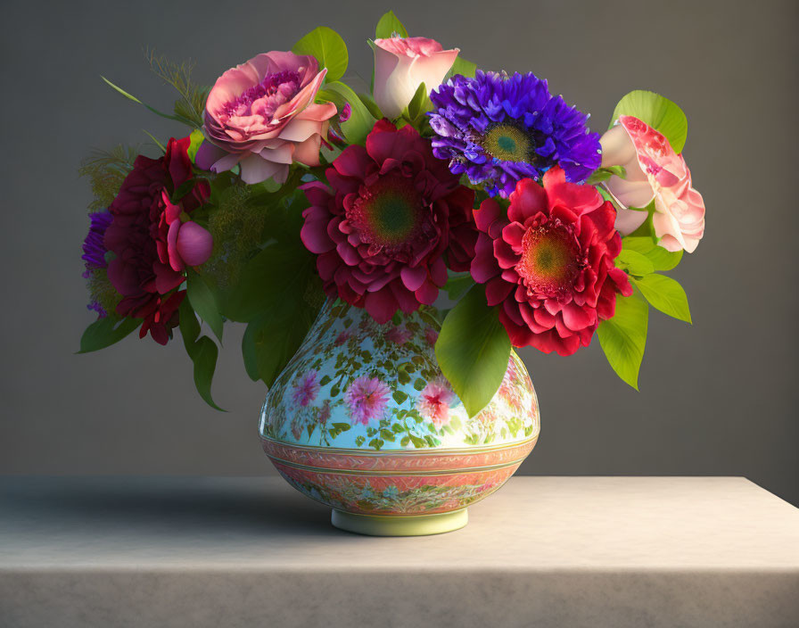 Colorful roses and peonies in floral vase on neutral backdrop