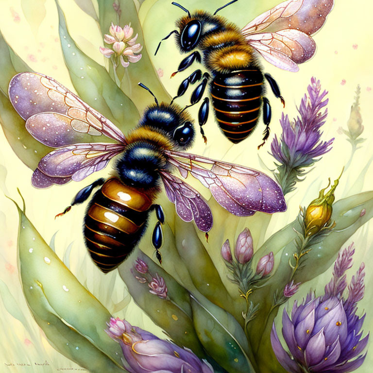 Detailed illustration of bees hovering over purple flowers with translucent wings and dewdrops.