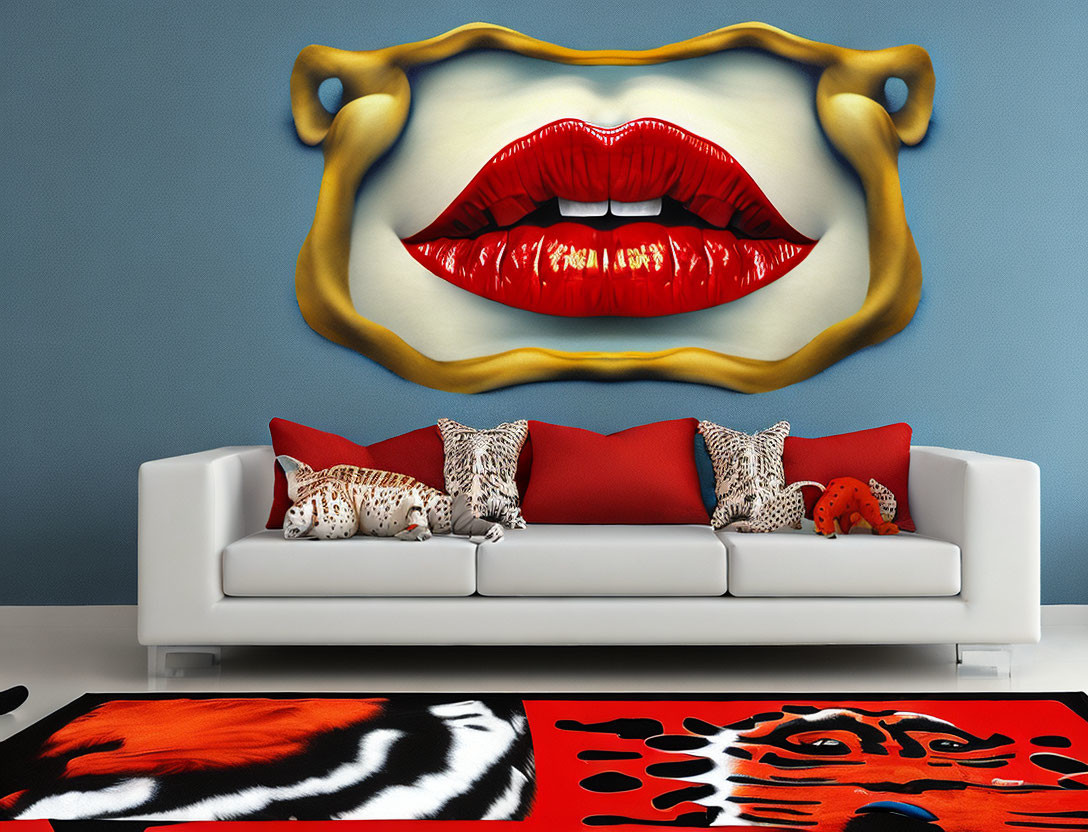 Modern Room with White Sofa, Animal Print Cushions, Abstract Carpet, and Red Lips Painting