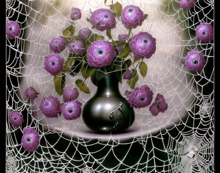 Purple Flowers Bouquet in Black Vase with Spider Web on Dark Background