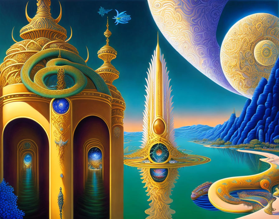 Surreal landscape with golden structures, dragon, and cosmic sky