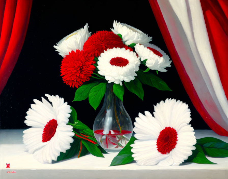 Colorful painting of red and white flowers in a vase with a red curtain