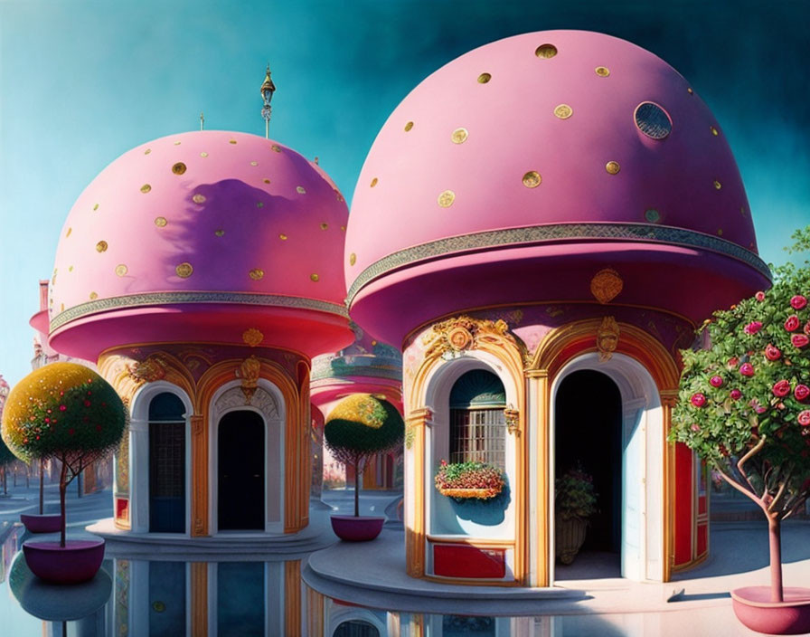 Vibrant Pink and Purple Domed Roof Buildings with Golden Accents