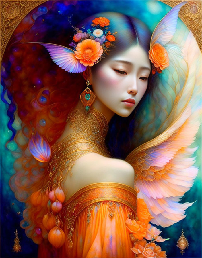 Woman with angelic wings and ornate attire in mystical blue setting