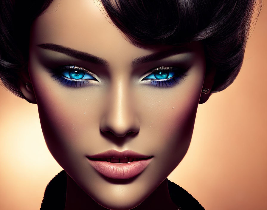 Stunning digital portrait of woman with blue eyes on warm background