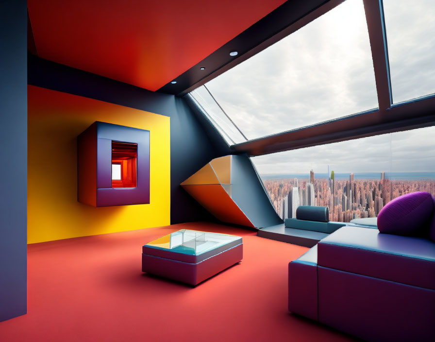 Contemporary interior with vibrant geometric walls, cityscape view, and minimalist furniture