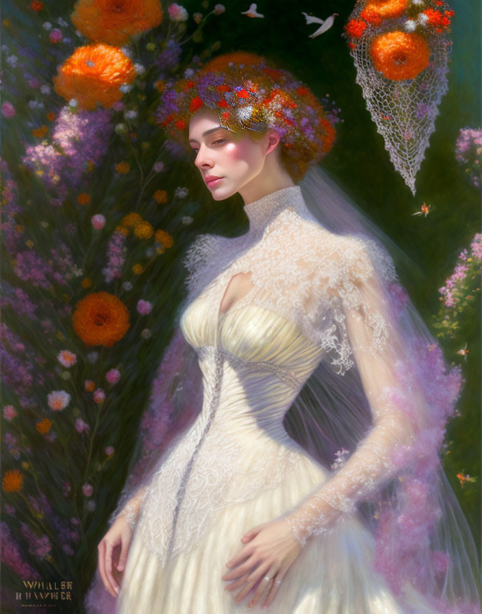 Serene woman in vintage white dress with floral headdress in nature-inspired scene.