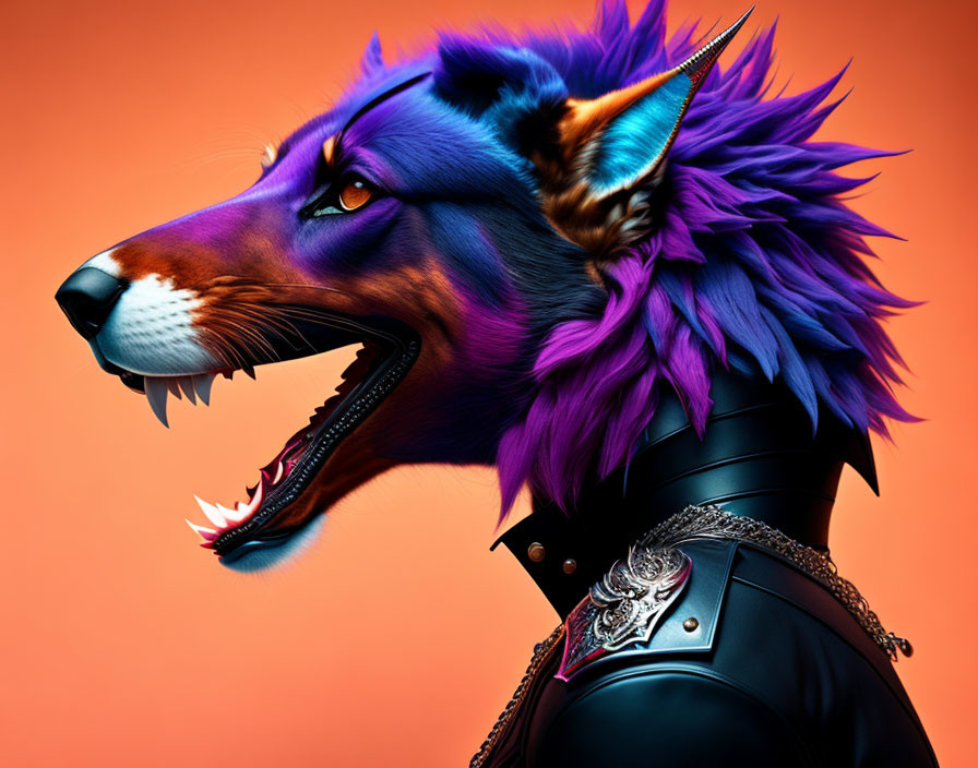 Anthropomorphic wolf digital art in blue and purple fur with black leather outfit