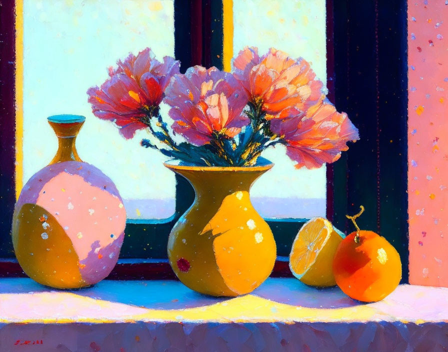 Colorful Still Life Painting with Vase, Flowers, Bottle, and Orange on Windowsill