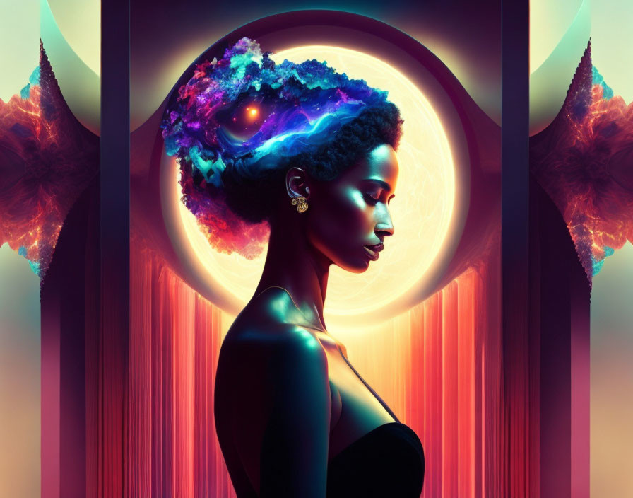 Digital artwork: Woman with cosmic galaxy hair in celestial-themed backdrop