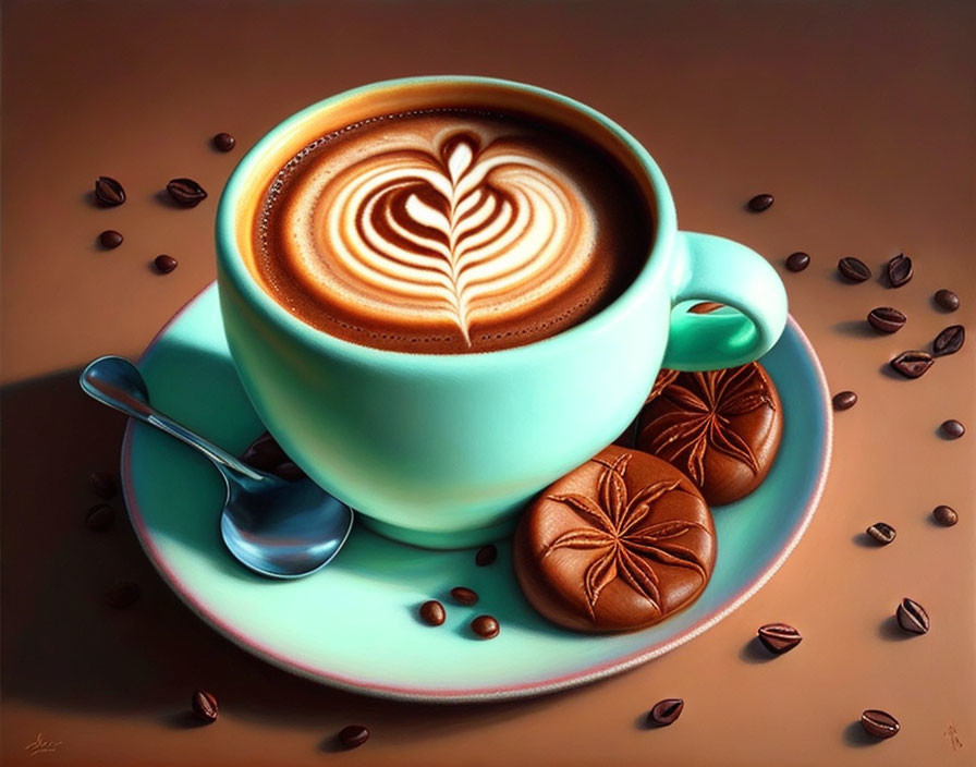 Latte with Heart Design, Chocolate Cookies, and Coffee Beans Displayed