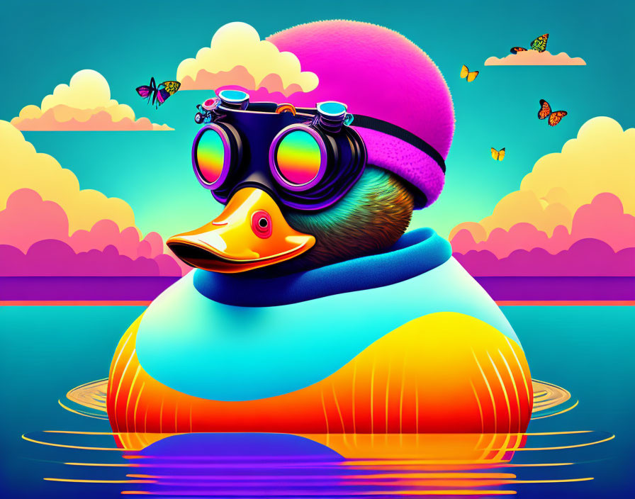 Vibrant rubber duck with goggles and pink hat in surreal sunset scene