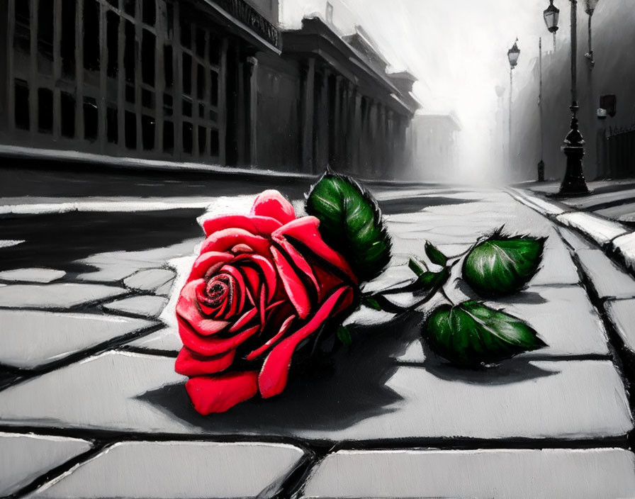 Red rose on cobblestone street with lampposts in misty background