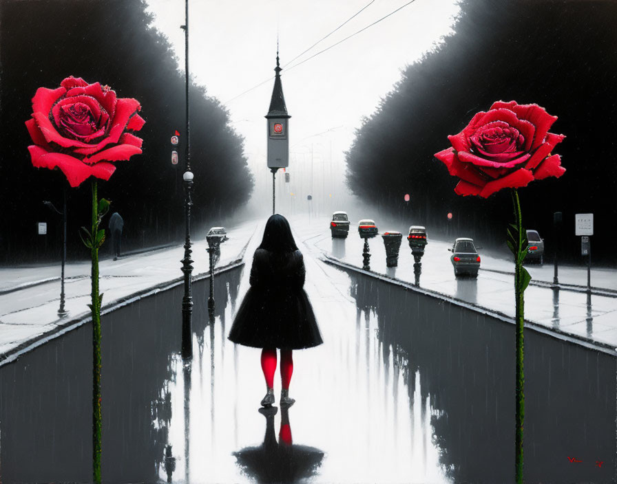 Woman in black with red shoes on wet street with red roses, street lamps, and cars in mist