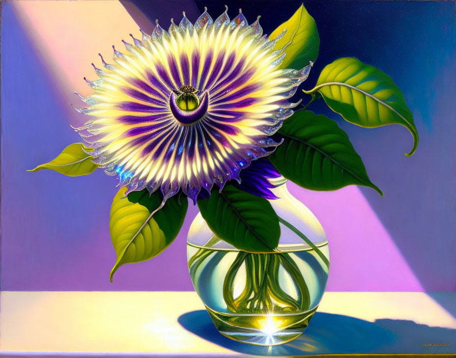 Colorful Passion Flower Painting with Glass Vase and Shadows