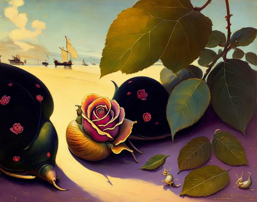 Surreal painting featuring snails with rose-patterned shells and golden sky landscape