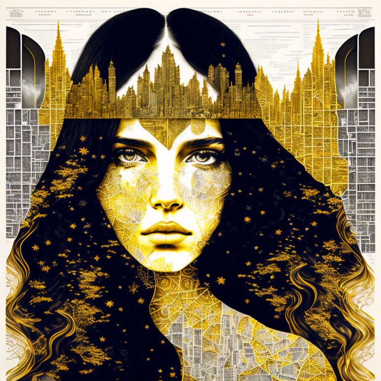 Graphic illustration merges woman's face with cityscape and celestial motifs on architectural plans.