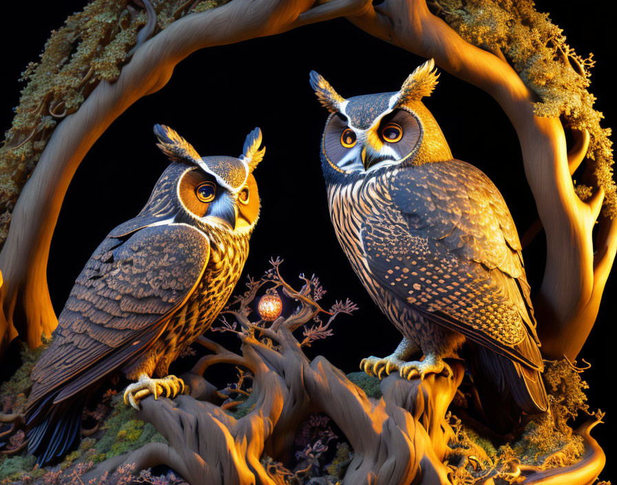 Two owls on twisted branches in dramatic lighting